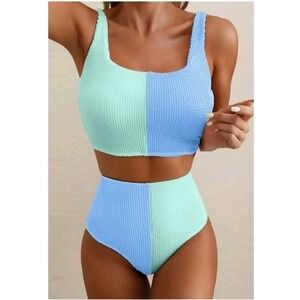 Tankini Bikini XS Colorblock High Waisted Square Neck Sky Blue and Mint New